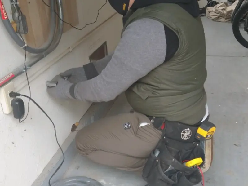 Electrician performing outlet wiring in a Glens Falls garage